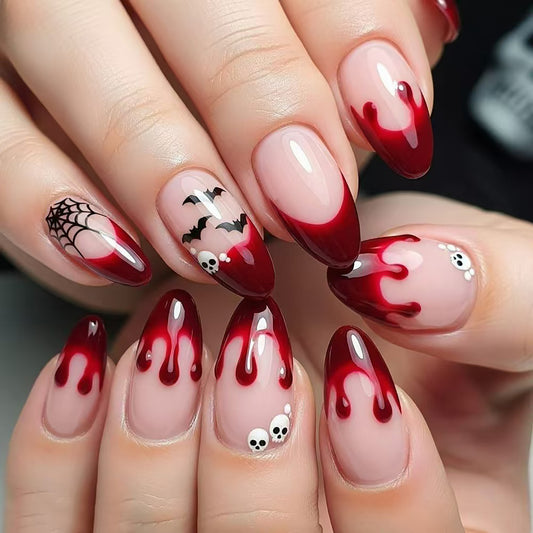 Spooky Red Long Almond Nail Set with Dripping Blood Design