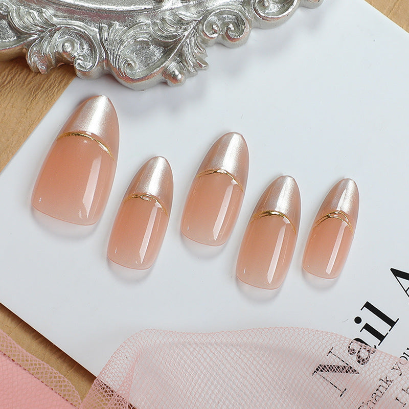 Elegant Blush Medium Almond Pink Press-On Nail Set with Chic Gold Stripe Detail