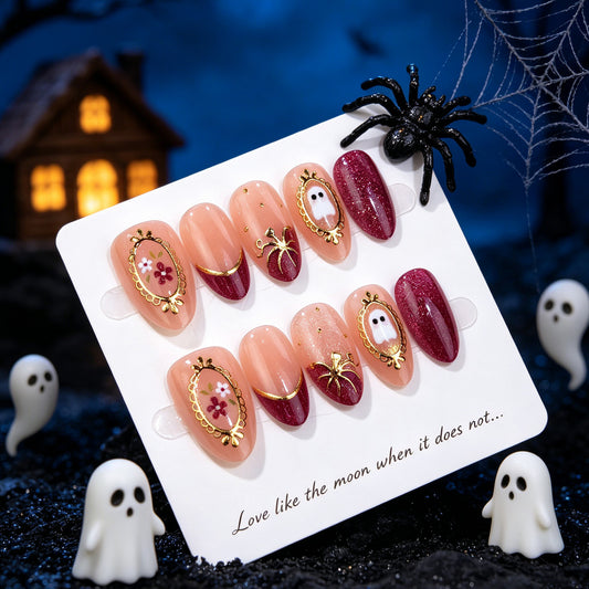 Spooky Elegance Short Almond Rose and Ruby Glitter Press on Nail Set