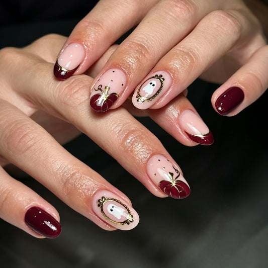 Spooky Elegance Medium Oval Burgundy with Whimsical Ghost Design Press On Nail Set