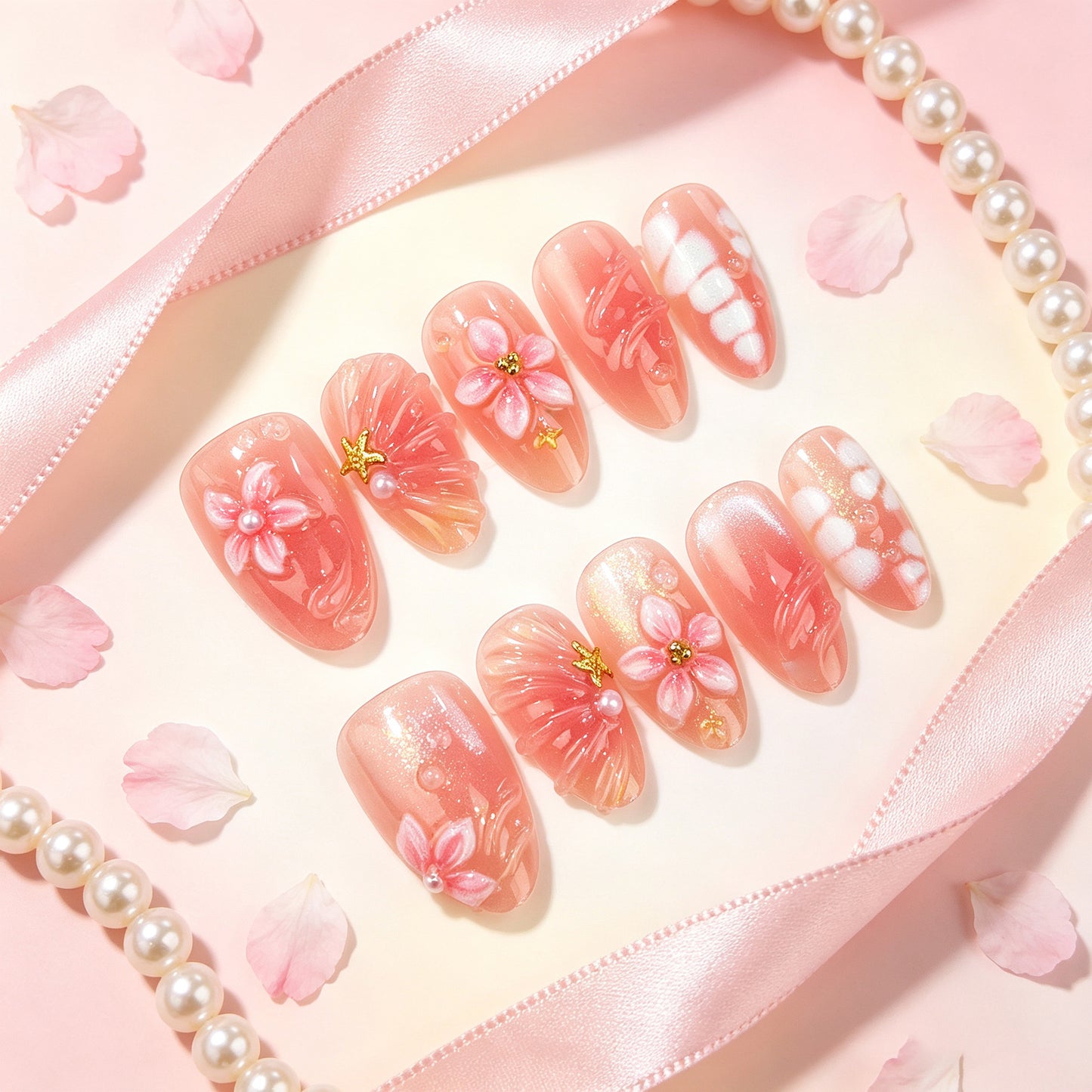 Blossoming Elegance Short Almond Pink Floral Nail Set with Glittering Accents