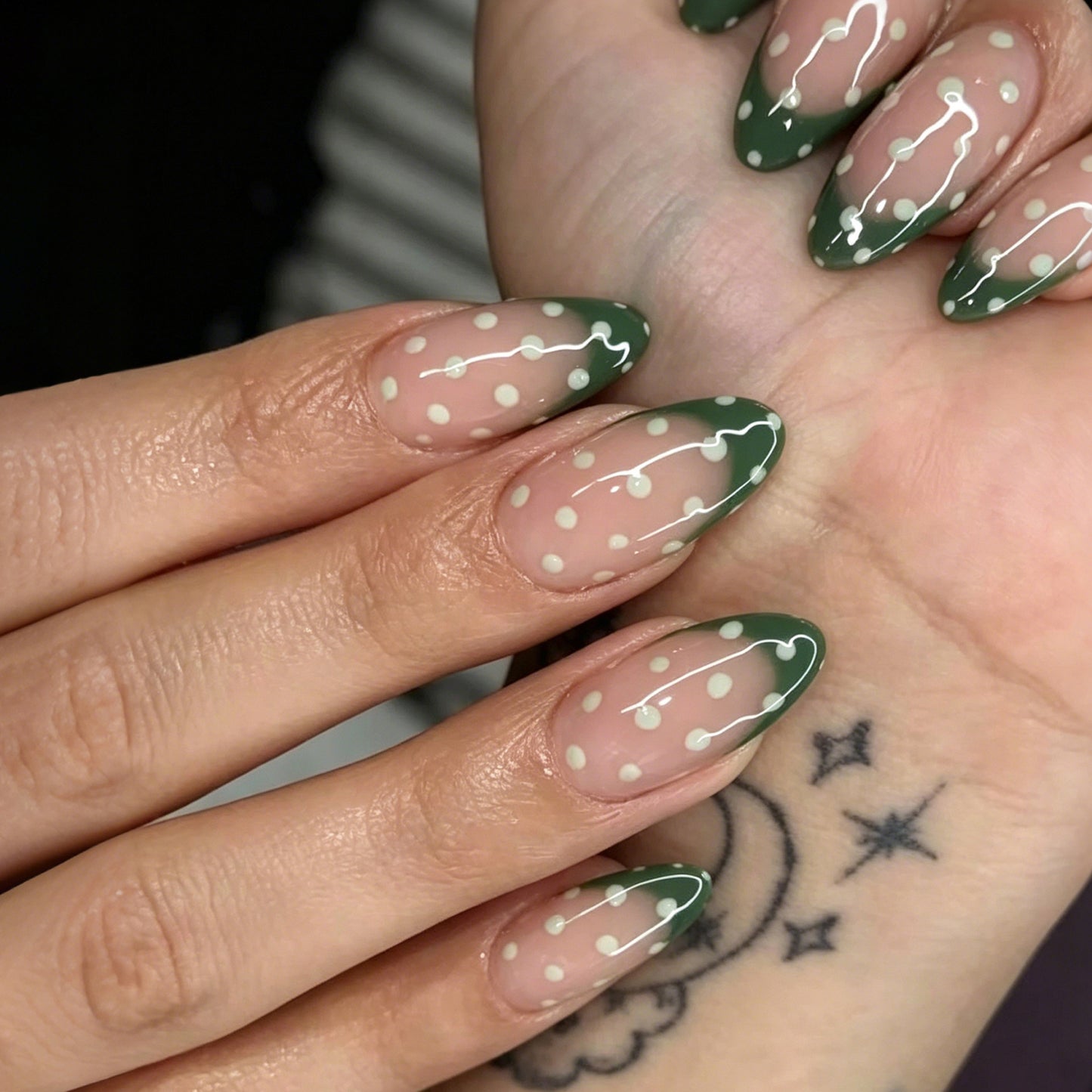 Whimsical Nature Inspired Medium Almond Green with Polka Dots Press On Nail Set
