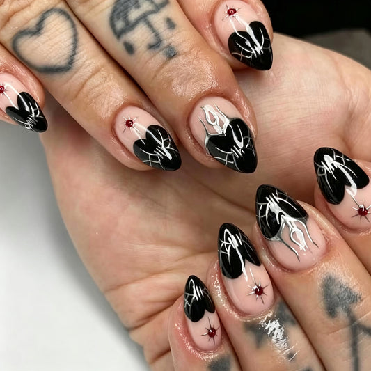 Spooky Gothic Long Stiletto Black with Intricate Spider Web Design Press on Nail Set