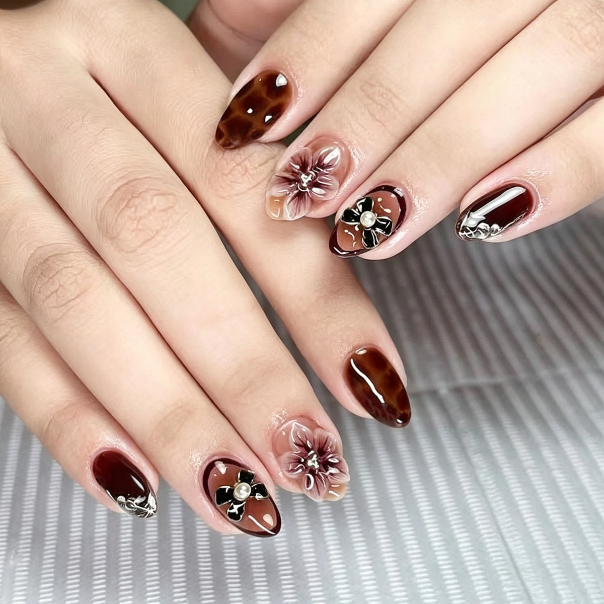 Bohemian Elegance Medium Almond Brown Floral Nail Set