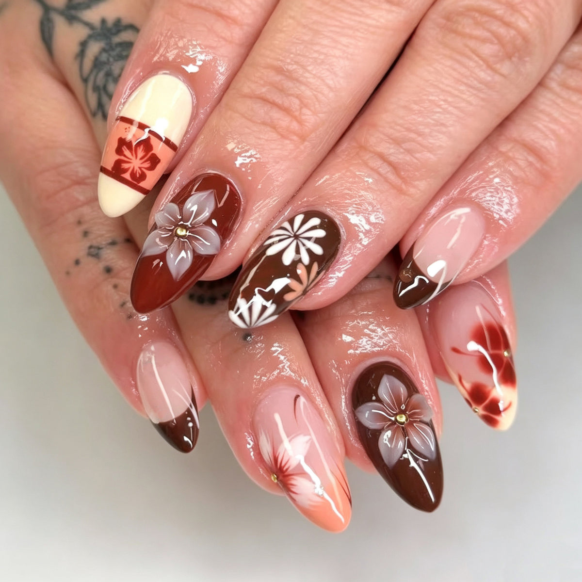 Autumn Blossom Long Almond Brown and Beige Press On Nail Set with Floral Designs
