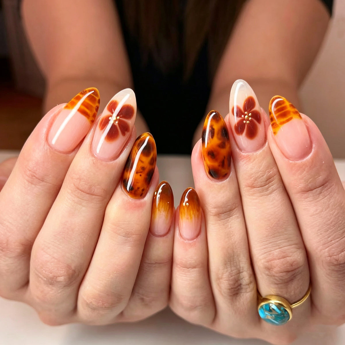 Autumn Harmony Long Almond Amber Floral Press-On Nail Set