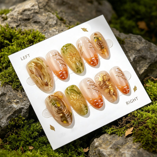 Autumn Elegance Long Almond Green and Gold Swirl Press On Nail Set