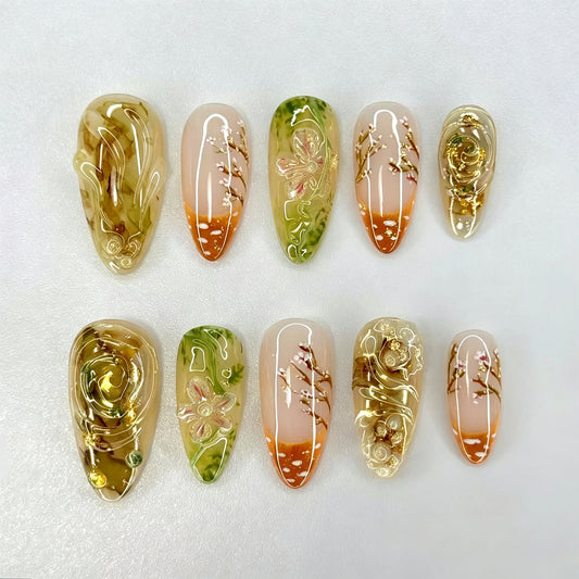 Nature's Blossom Long Almond Green Ombre Floral Design Press-On Nail Set
