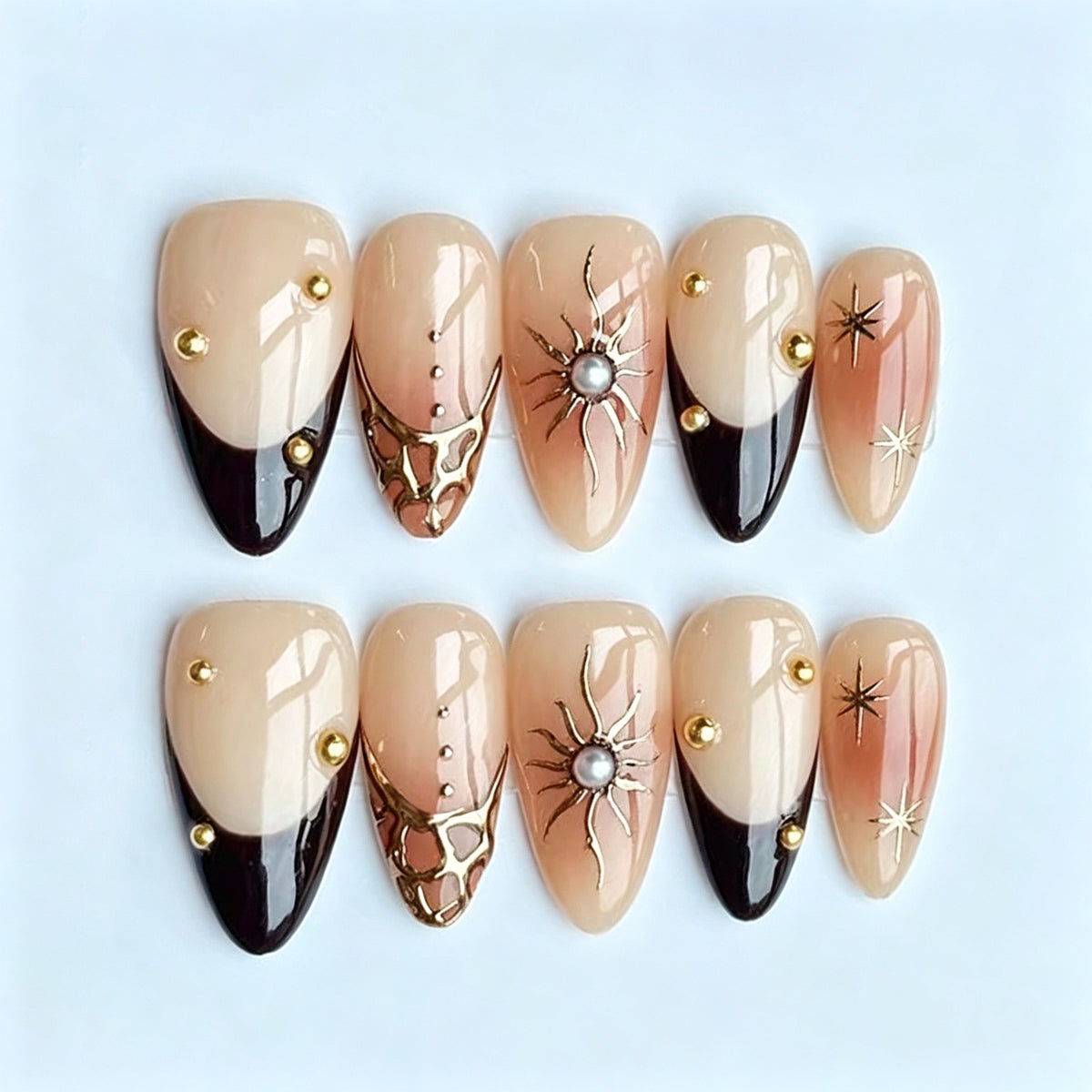 Mystical Elegance Long Almond Beige Black Gold Press-On Nail Set with Sparkling Accents