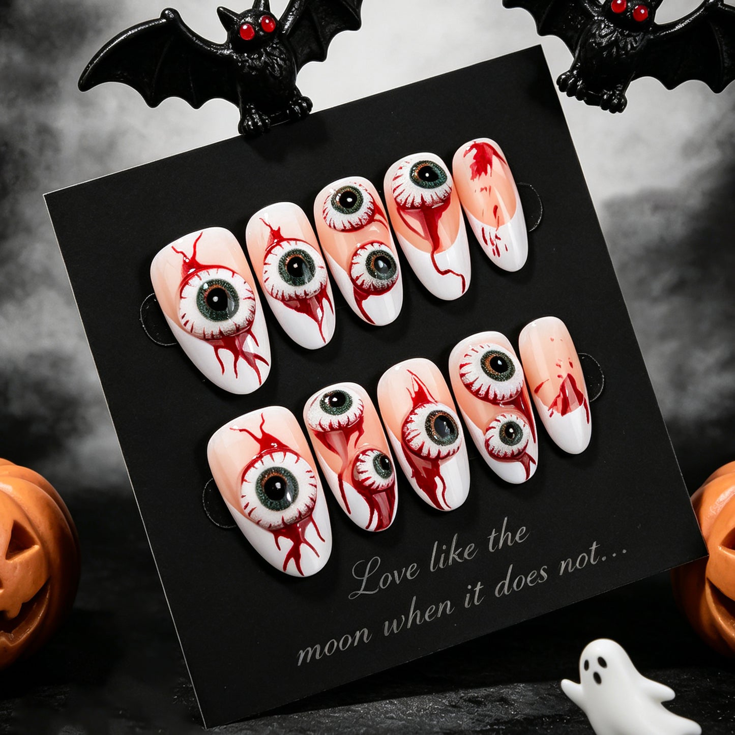 Spooky Long Oval White with Eye Design Press On Nail Set