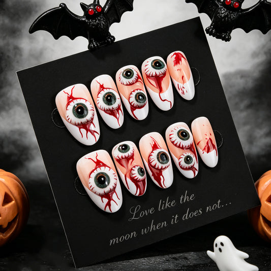 Spooky Long Oval White with Eye Design Press On Nail Set