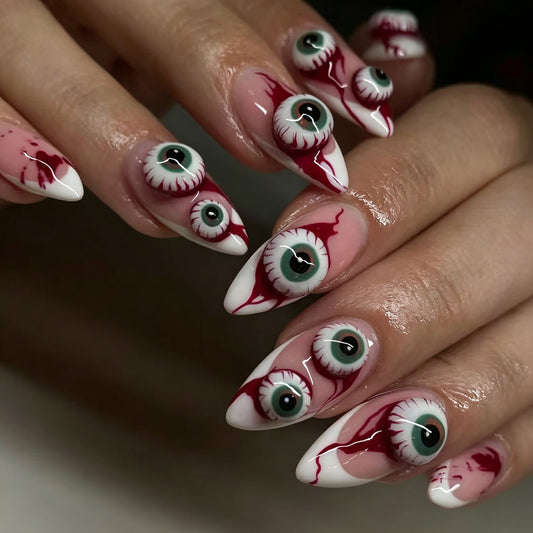 Spooky Glam Long Stiletto White and Red Eye Design Press On Nail Set