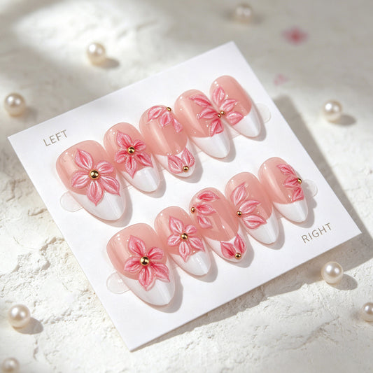 Floral Romance Medium Almond Pink Floral Design Press On Nails Set