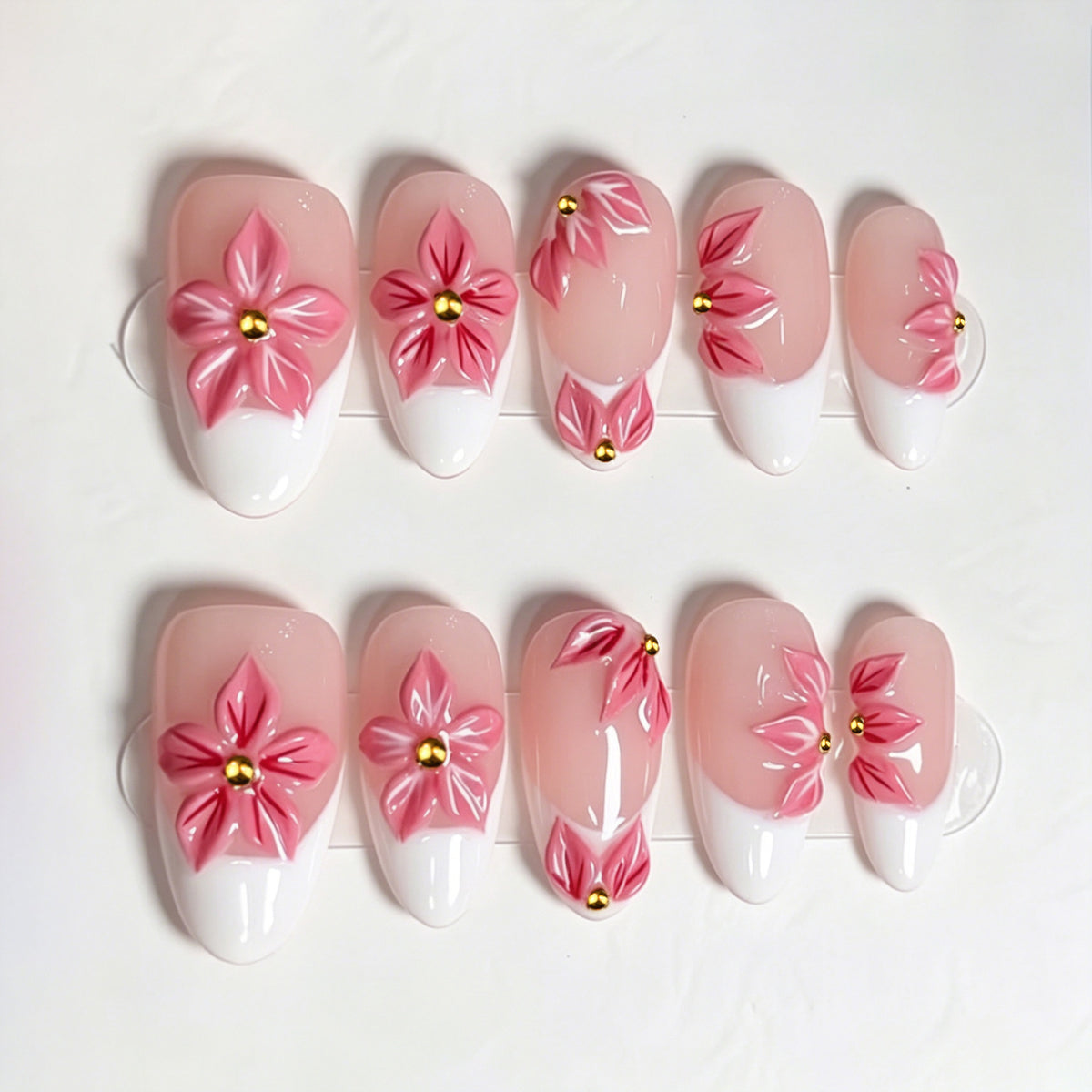 Floral Elegance Medium Almond Pink with Three Dimensional Flower Design Press On Nail Set