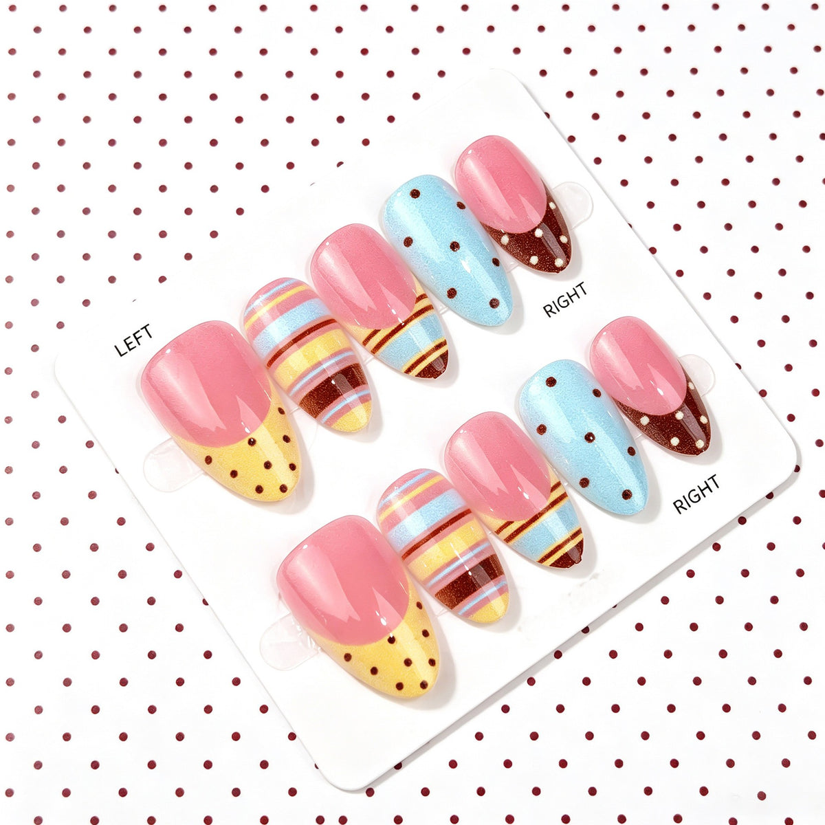 Springtime Delight Medium Almond Pink with Colorful Stripes and Polka Dots Press-On Nail Set