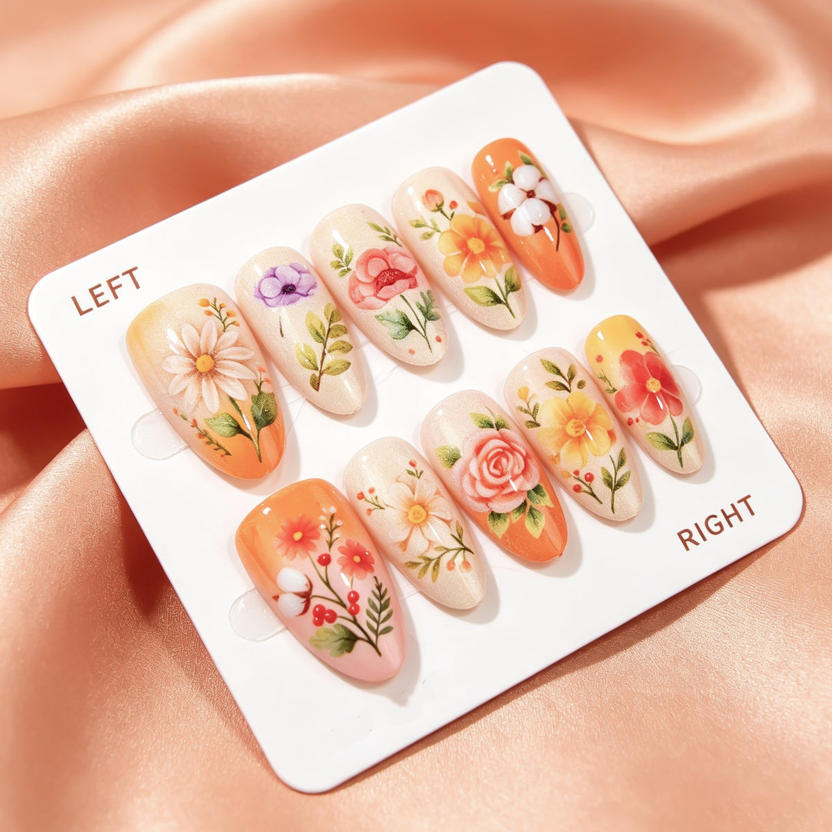 Floral Fantasy Long Oval Orange with Artistic Patterns Press on Nail Set