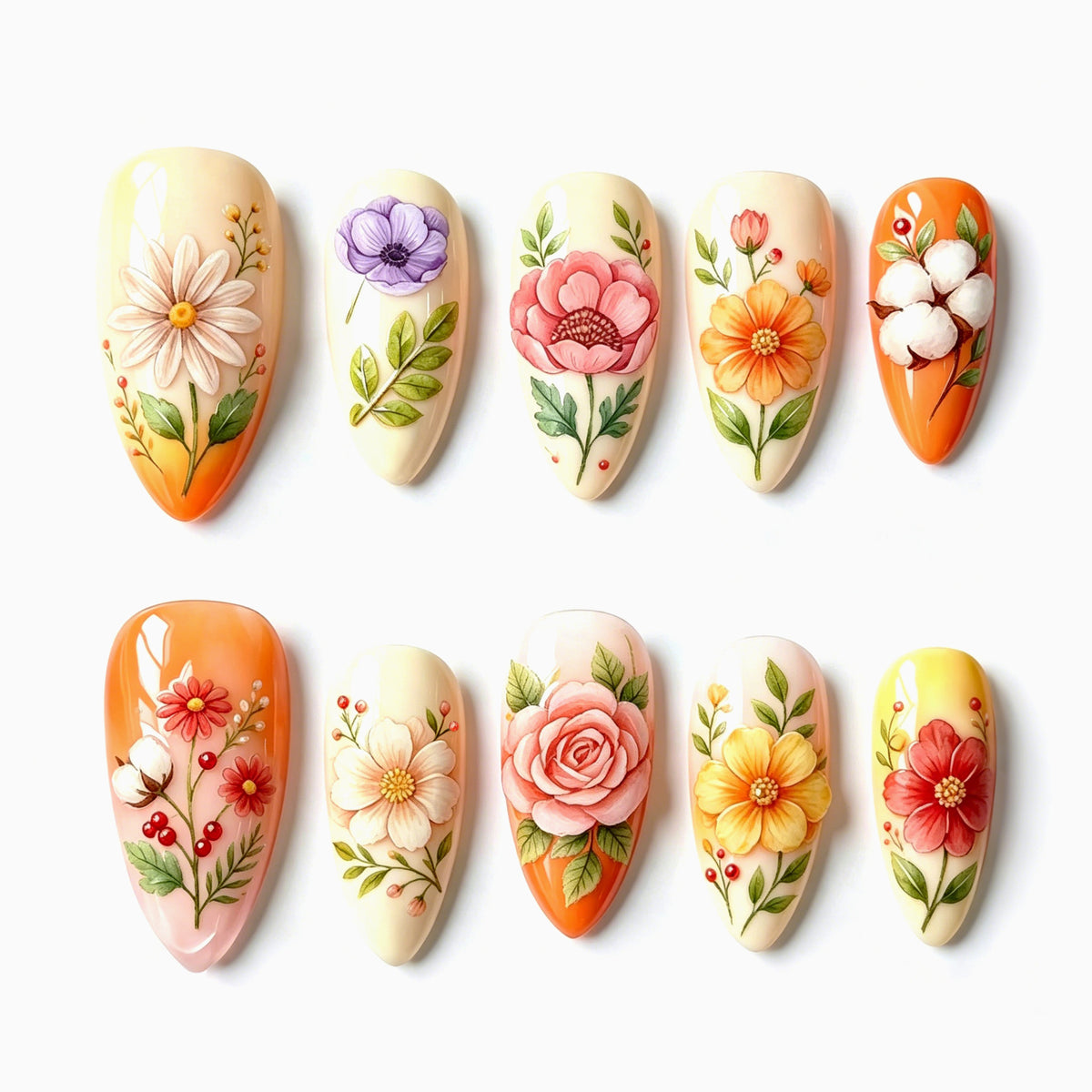 Floral Bliss Long Almond Orange with Artistic Flower Designs Press On Nail Set