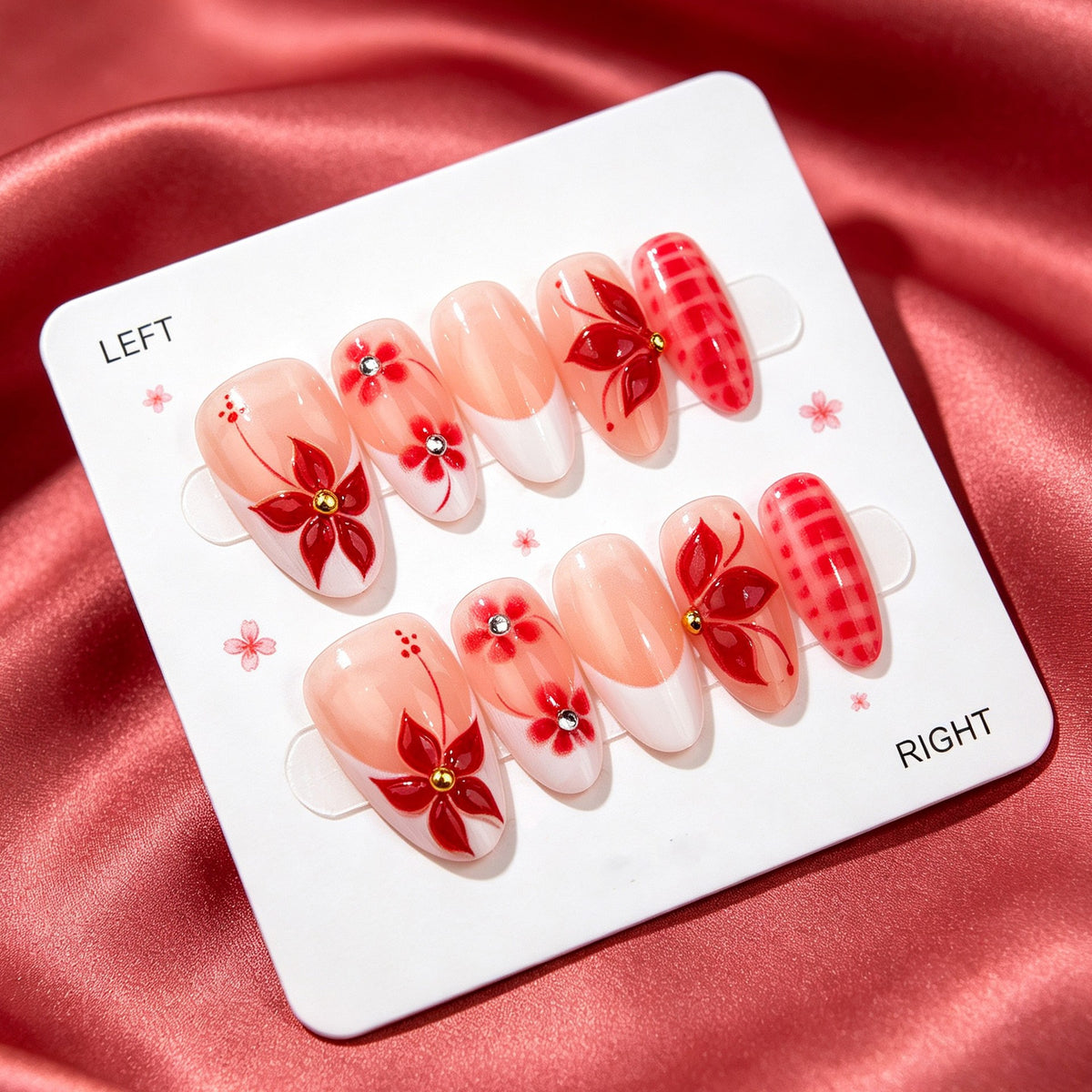 Blossom Elegance Medium Almond Pink with Floral Embellishments Nail Set