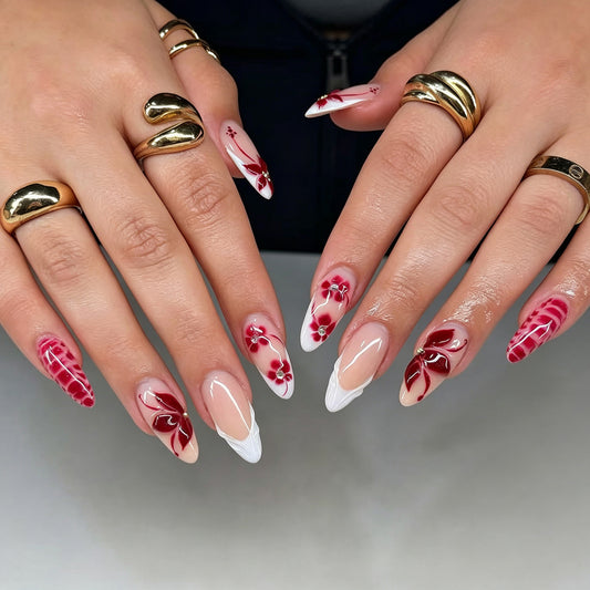 Floral Elegance Long Stiletto Pink and White Press on Nail Set with Artistic Design