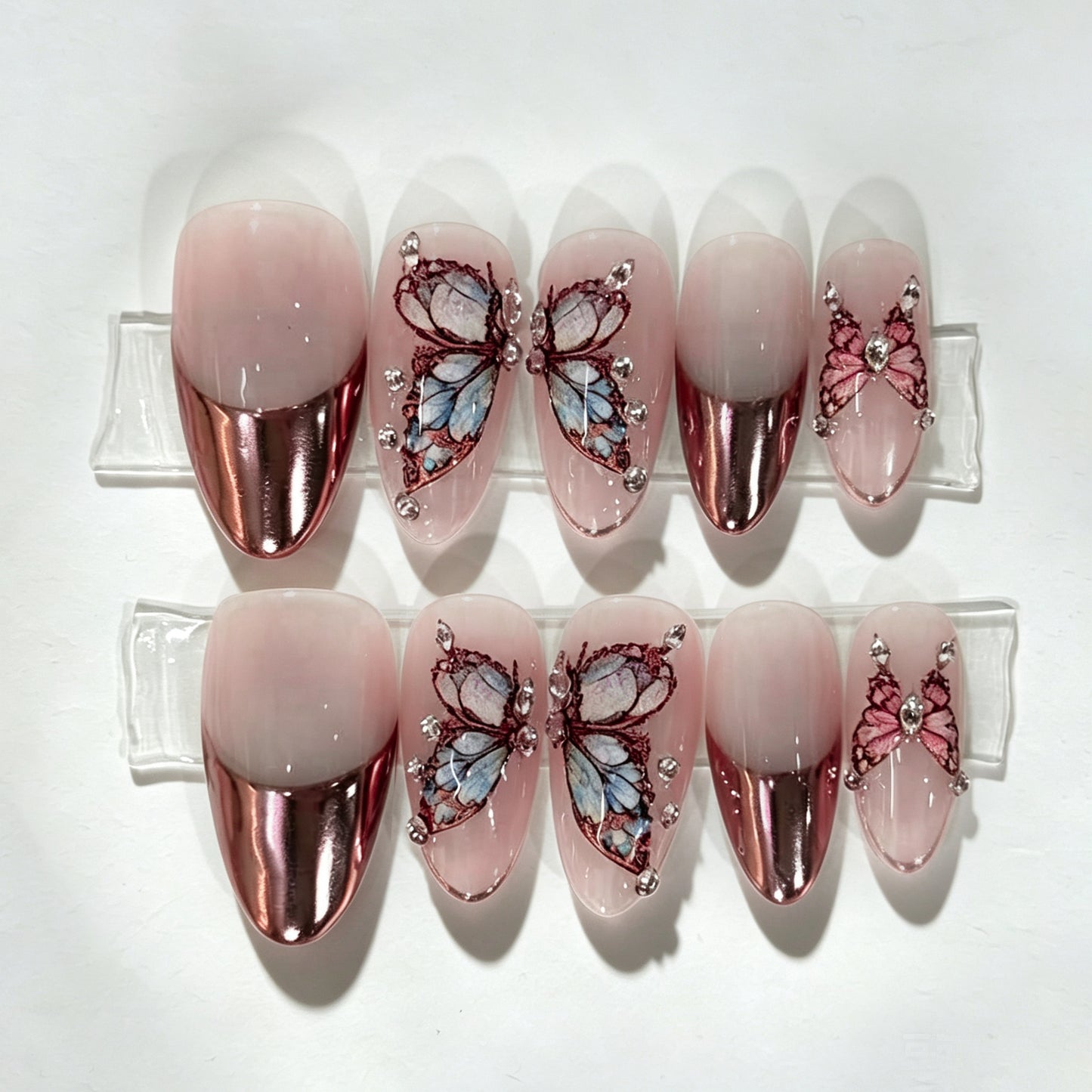 Whimsical Butterfly Design Medium Almond Blush Pink with Rhinestone Accent Nail Set