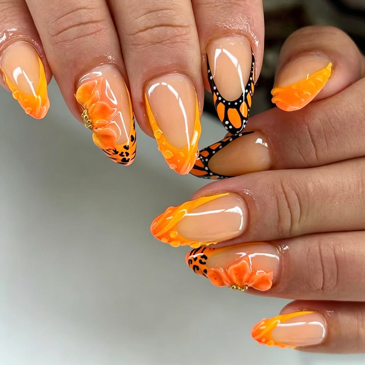 Butterfly Dreams Short Almond Orange Floral Accent Press On Nail Set