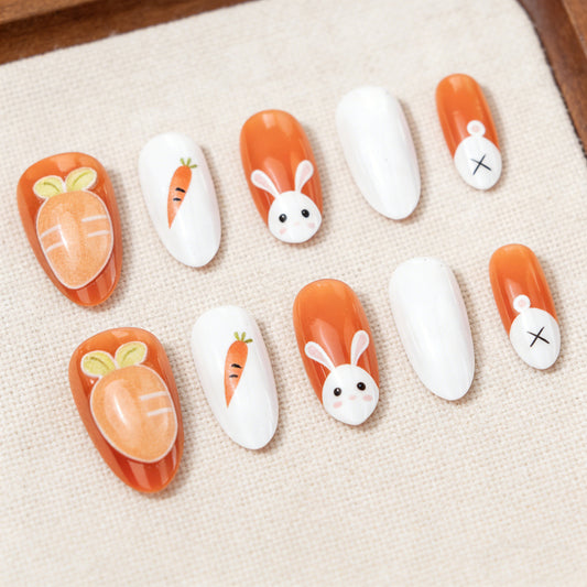 Springtime Delight Medium Oval Orange with Cute Bunny and Carrot Design Press On Nail Set