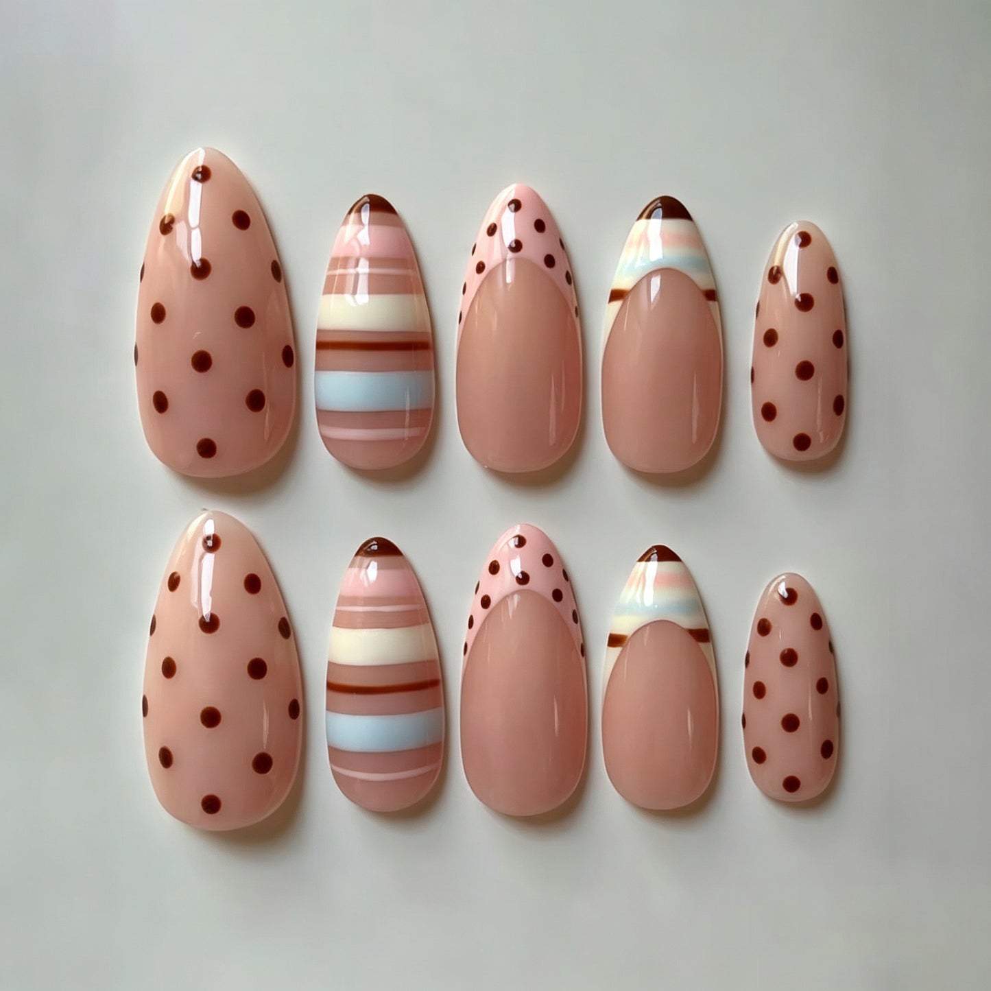 Chic Blush Medium Almond Speckled with Dots and Stripes Press On Nail Set