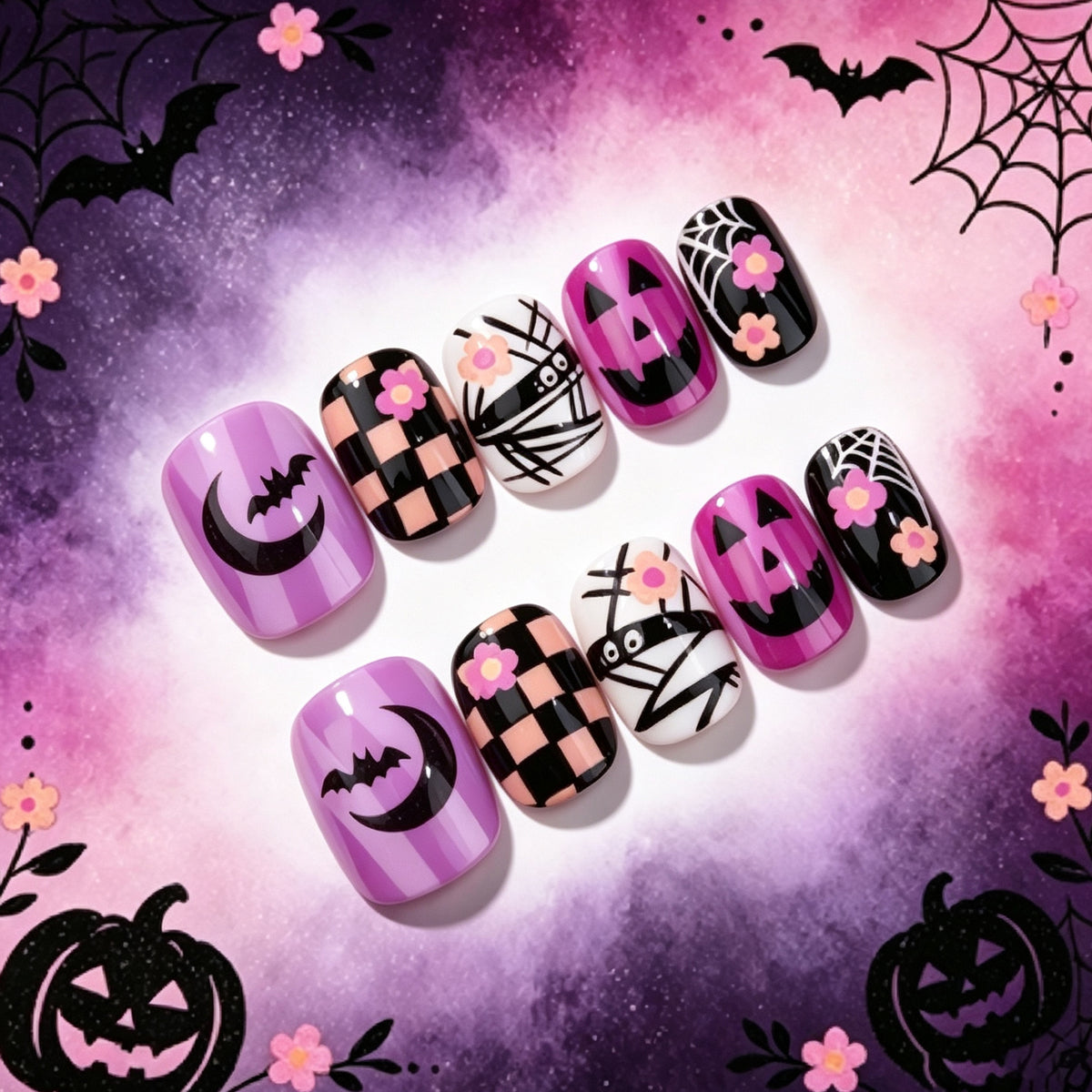 Spooky Charm Short Square Purple with Pumpkin and Spider Designs Press On Nail Set