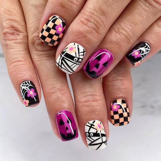 Spooky Elegance Short Square Purple and Black Halloween Themed Press On Nail Set