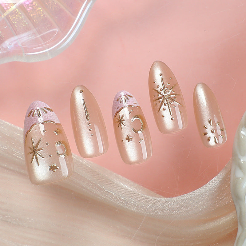 Dreamy Celestial Medium Almond Champagne Gold Starry Accent Press On Nail Set