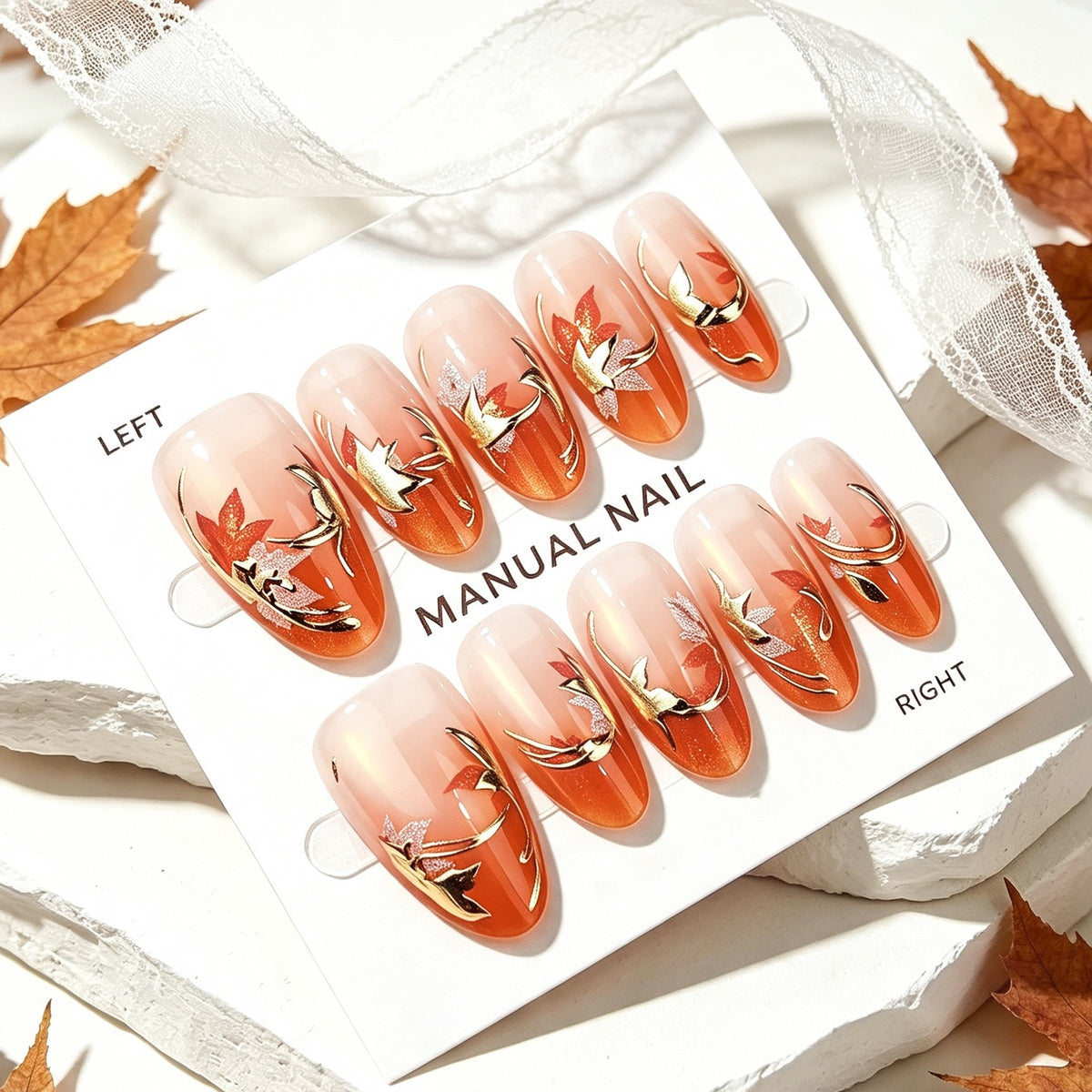 Autumn Elegance Medium Almond Orange Gradient with Floral Design Press On Nail Set
