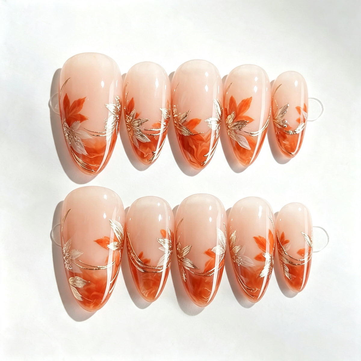 Floral Elegance Medium Almond Peach and Gold Leaf Press-On Nail Set