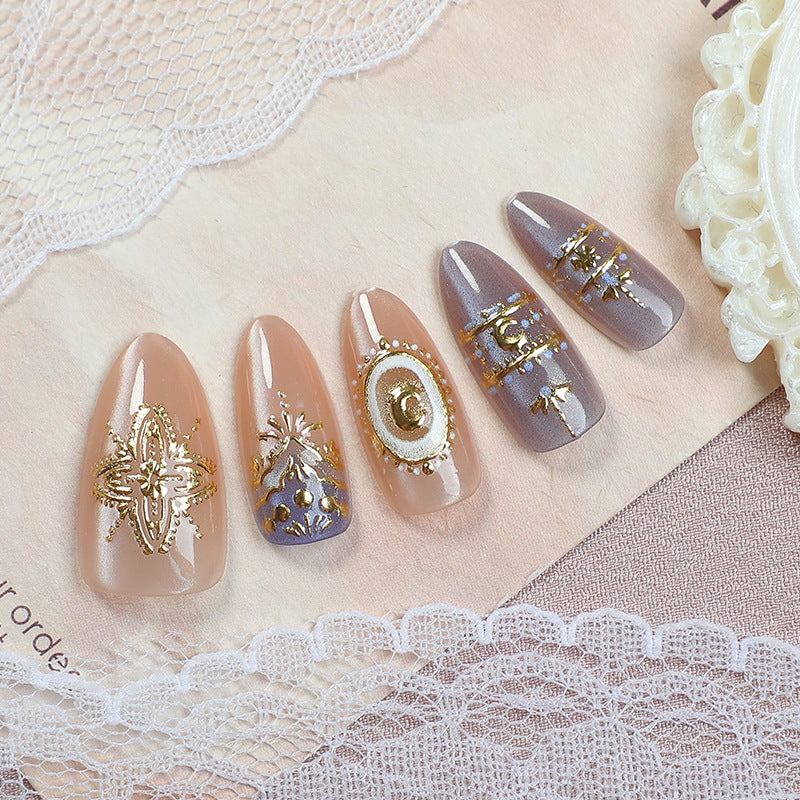 Elegant Charm Medium Almond Beige with Gold Detailing Press Nail Set