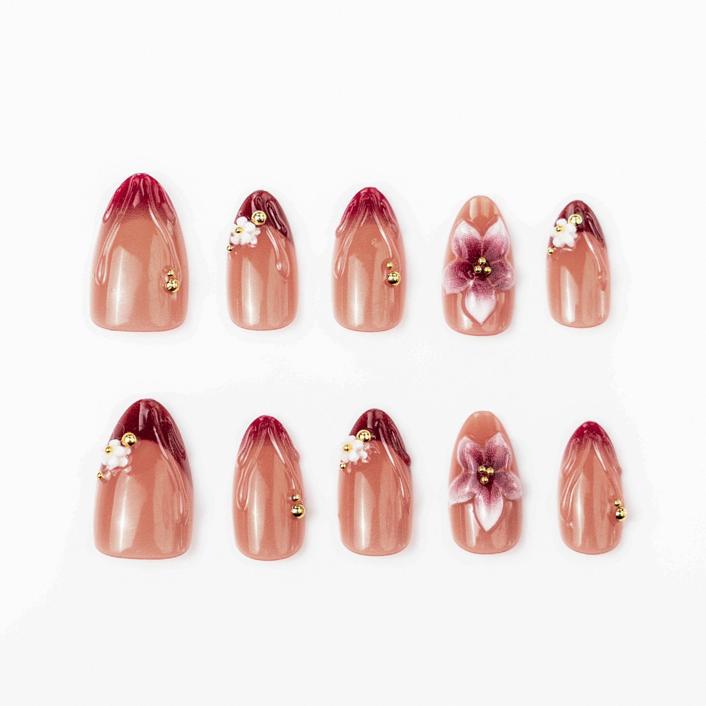 Elegant Floral Short Almond Rose Gold Accent Press On Nail Set