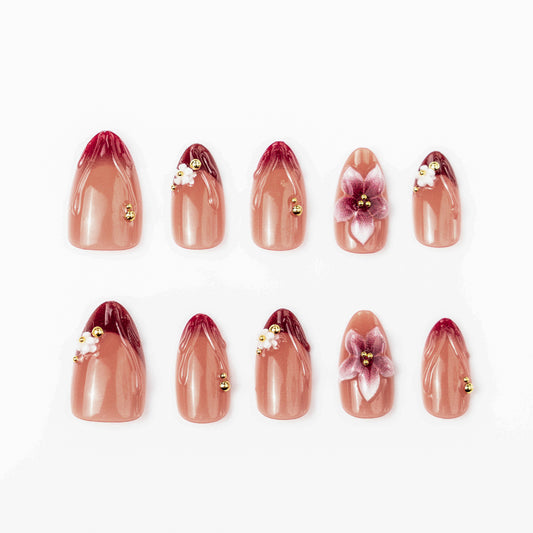 Elegant Floral Short Almond Rose Gold Accent Press On Nail Set