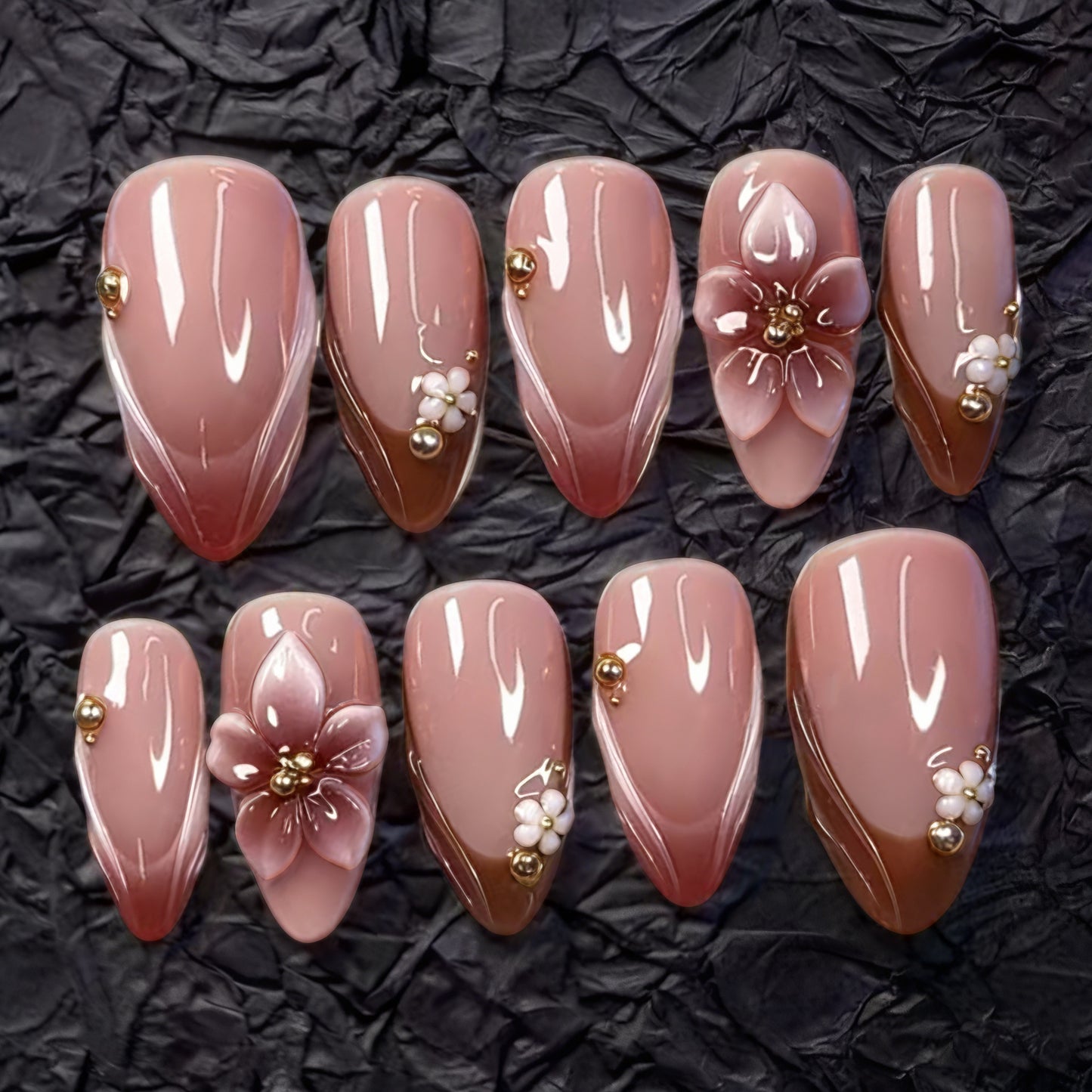 Blossom Elegance Medium Almond Pink Floral Designs Press On Nail Set