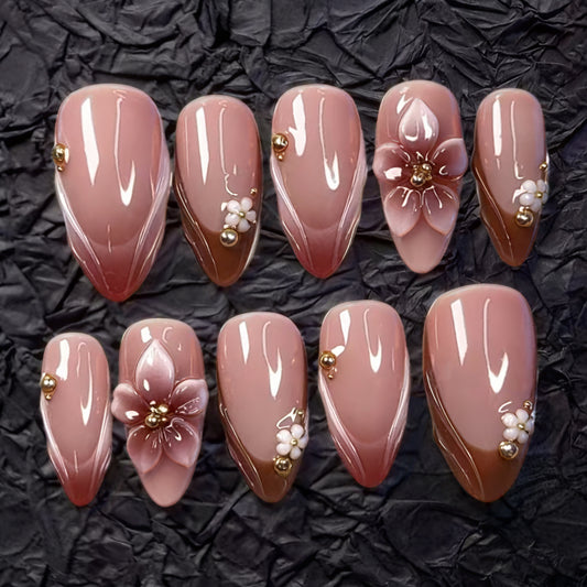Blossom Elegance Medium Almond Pink Floral Designs Press On Nail Set