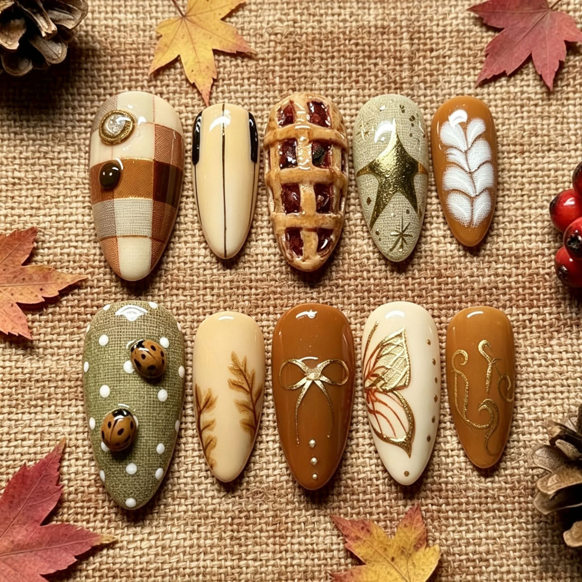 Cozy Autumn Long Almond Earthy Tones with Unique Nature Inspired Embellishments Nail Set
