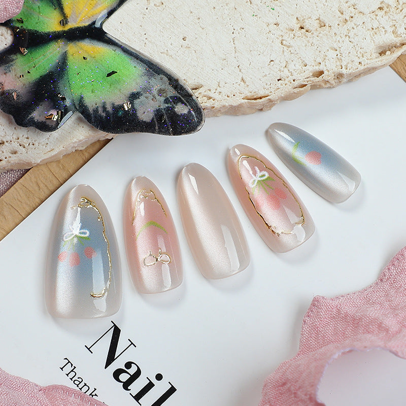 Whimsical Blossom Long Almond Translucent Nail Set with Delicate Floral Accents