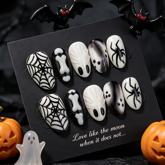 Spooky Vibes Medium Almond Black and White Halloween Press on Nail Set with Intricate Designs