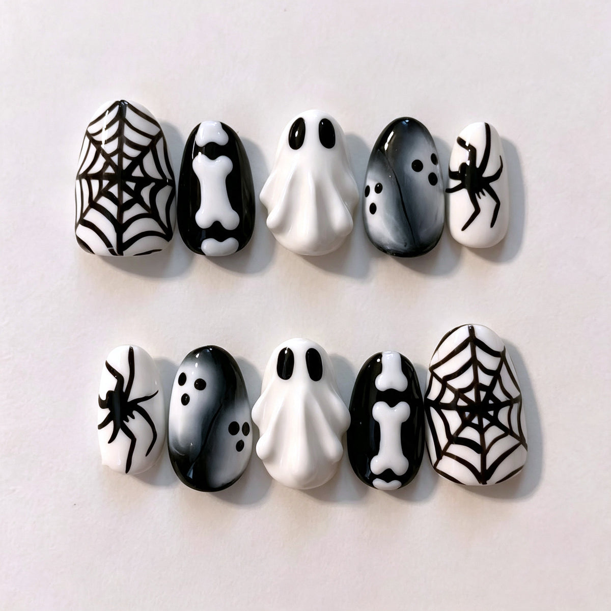 Spooktacular Short Almond Black and White Ghost Theme Press On Nail Set