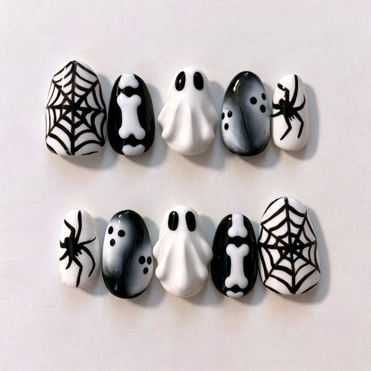 Spooktacular Short Almond Black and White Ghost Theme Press On Nail Set