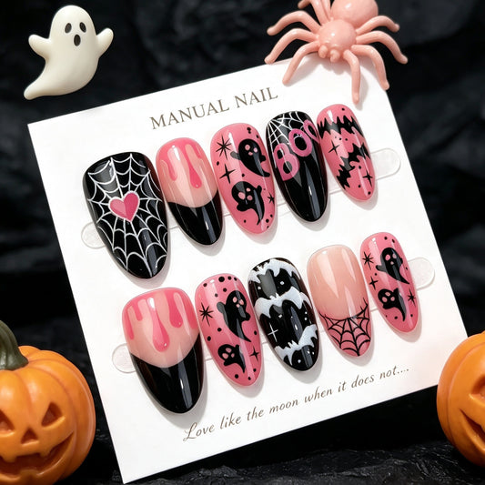 Spooky Halloween Medium Almond Pink Ghost and Spider Nail Set