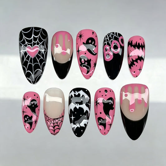 Spooky Vibes Medium Almond Pink and Black Nail Set with Unique Halloween Designs