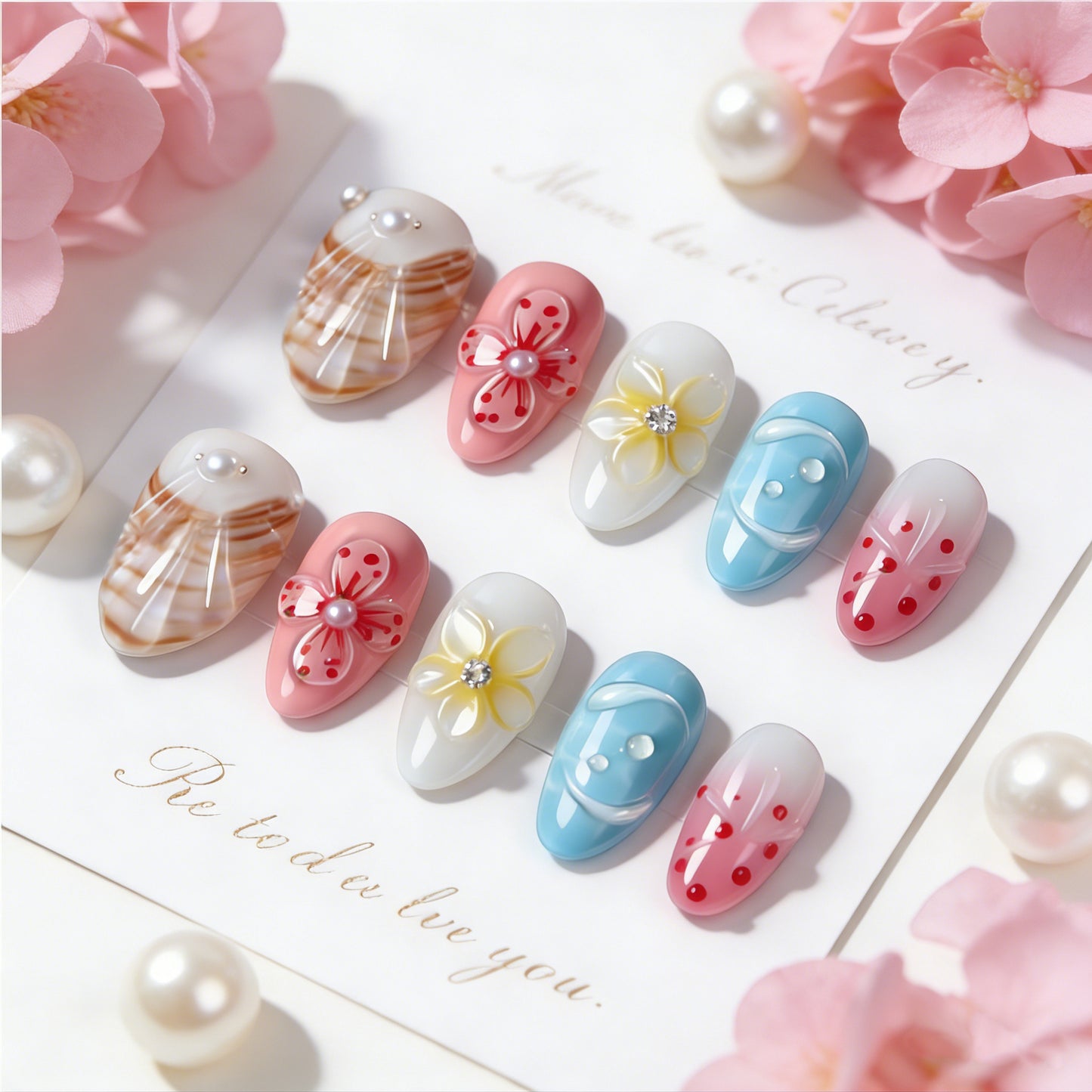 Floral Fantasy Short Almond Pink and Blue Press On Nail Set with Decorative Flowers and Pearls