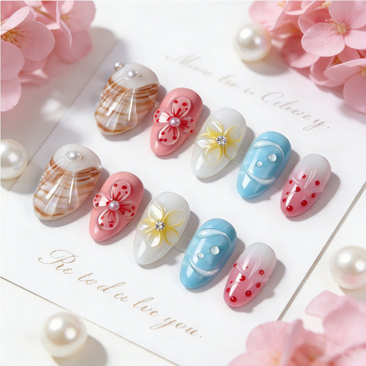Floral Fantasy Short Almond Pink and Blue Press On Nail Set with Decorative Flowers and Pearls