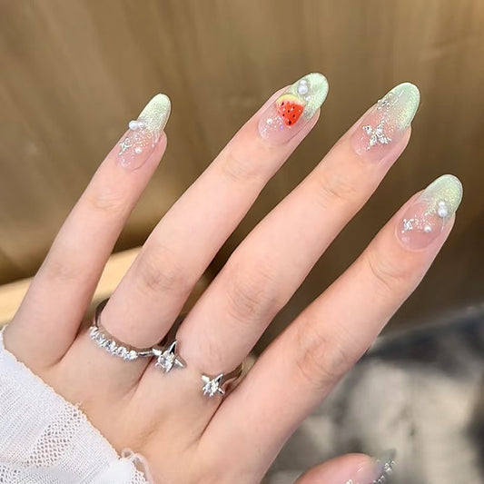 Fresh Garden Vibes Short Oval Mint Green Press On Nail Set with Fruity Accents