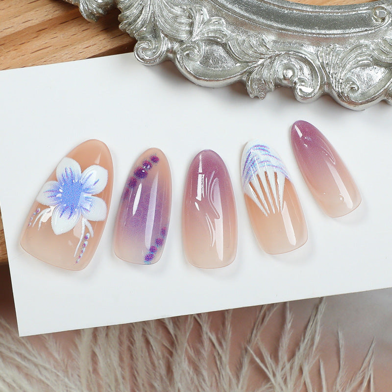 Floral Elegance Short Almond Lavender Ombre with Artistic Design Press on Nail Set