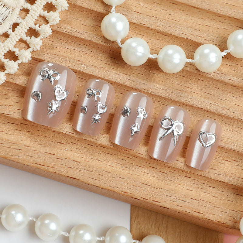 Charming Elegance Short Square Translucent Nails with Dazzling Silver Accents