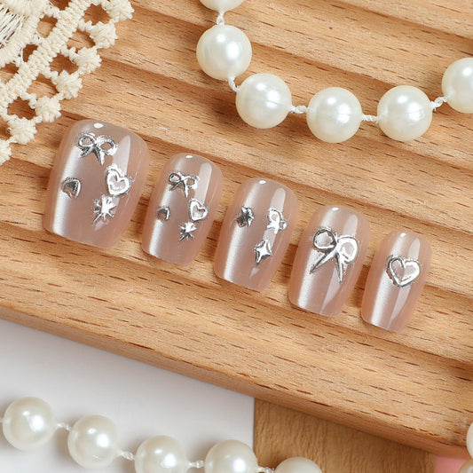 Charming Elegance Short Square Translucent Nails with Dazzling Silver Accents